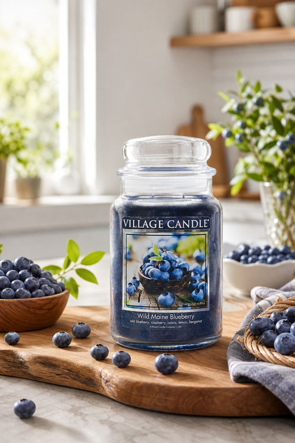 Village Candle Wild Maine Blueberry Kerze auf Holzbord mit Blaubeeren