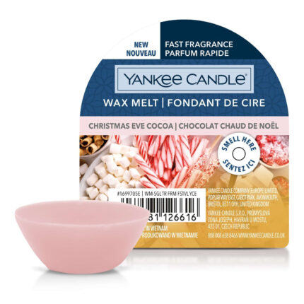 Verpackung des Yankee Candle Wax Melts Christmas Eve Cocoa mit Schälchen