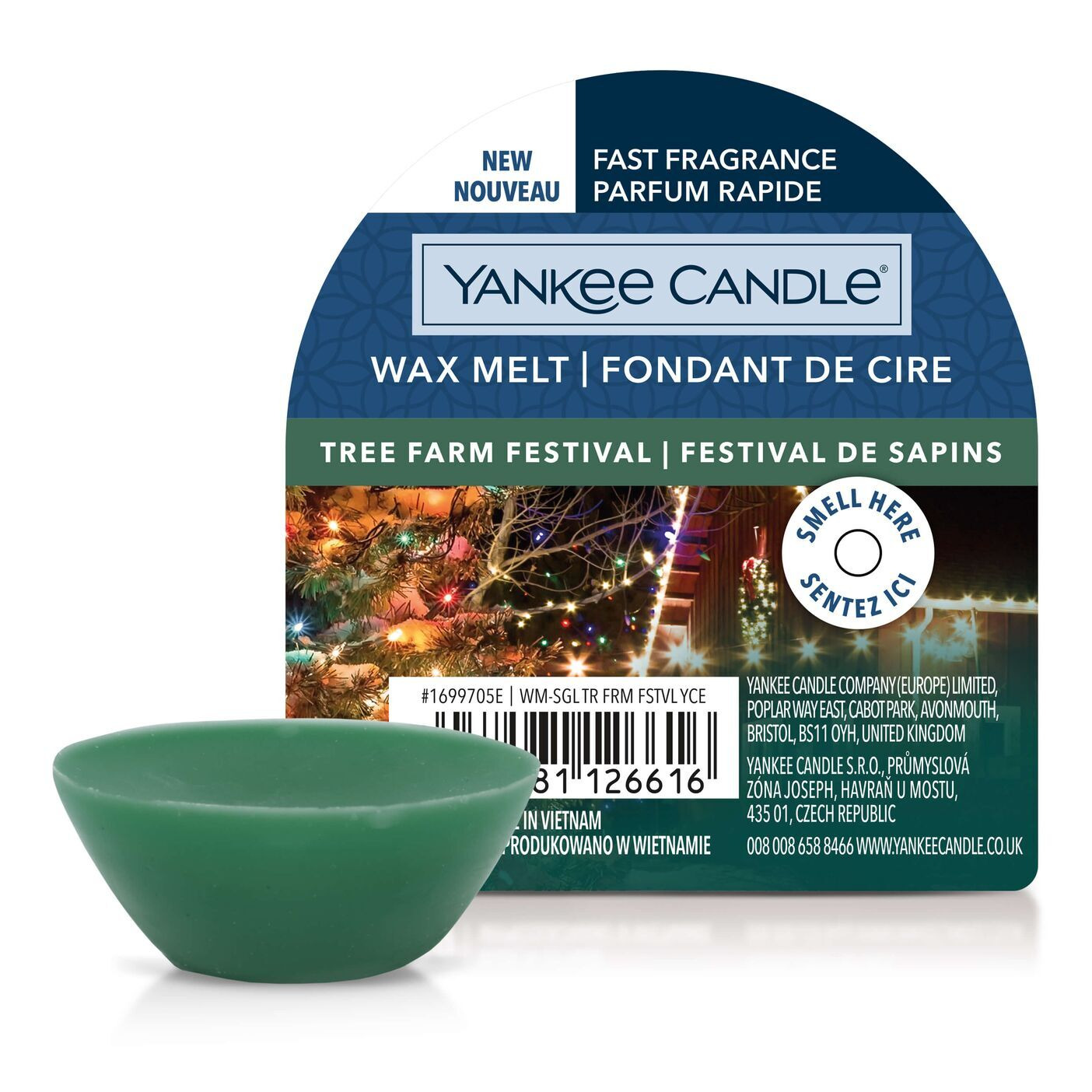 Tree Farm Festival Wax Melt Verpackung Grünes Wax Melt vor Yankee Candle Verpackung mit Weihnachtsbaumbeleuchtung