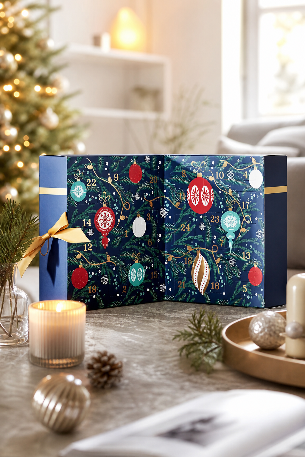 Geöffneter Yankee Candle Adventskalender auf Tisch mit brennender Kerze