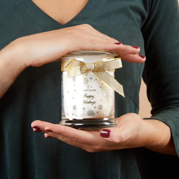 JuwelCandle Kerze mit Aufdruck Happy Holidays und goldener Schleife