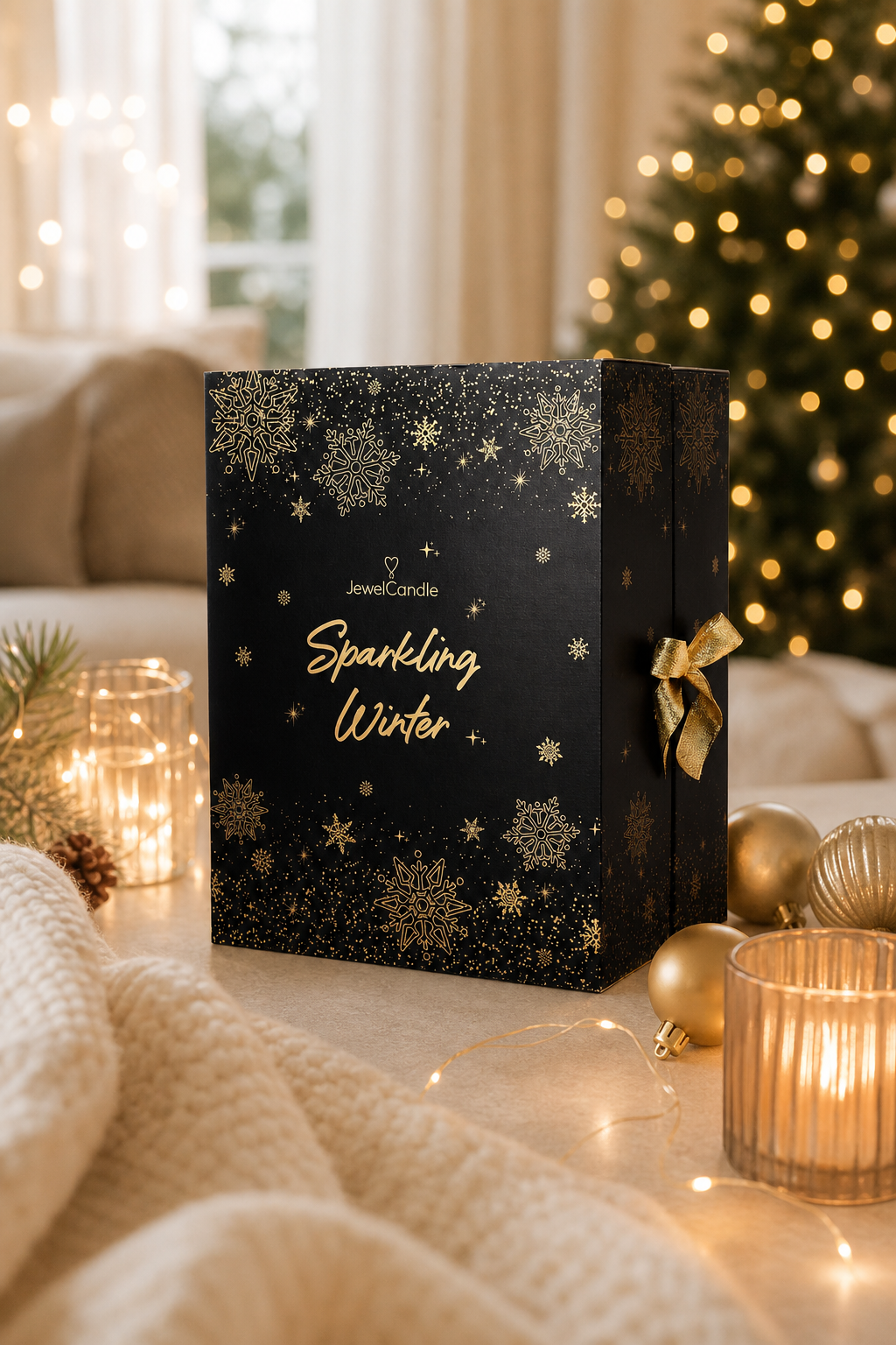 Geschlossener Sparkling Winter Adventskalender neben Weihnachtsbaum und Dekoration
