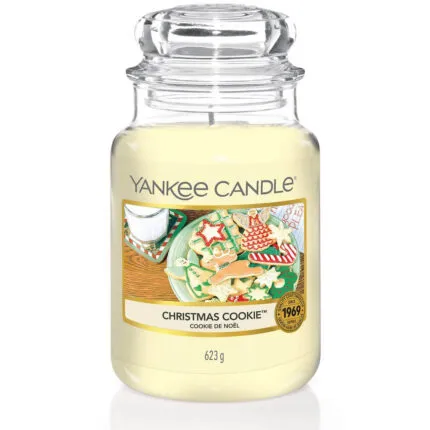 Nahaufnahme der Yankee Candle Christmas Cookie Kerze mit Etikett