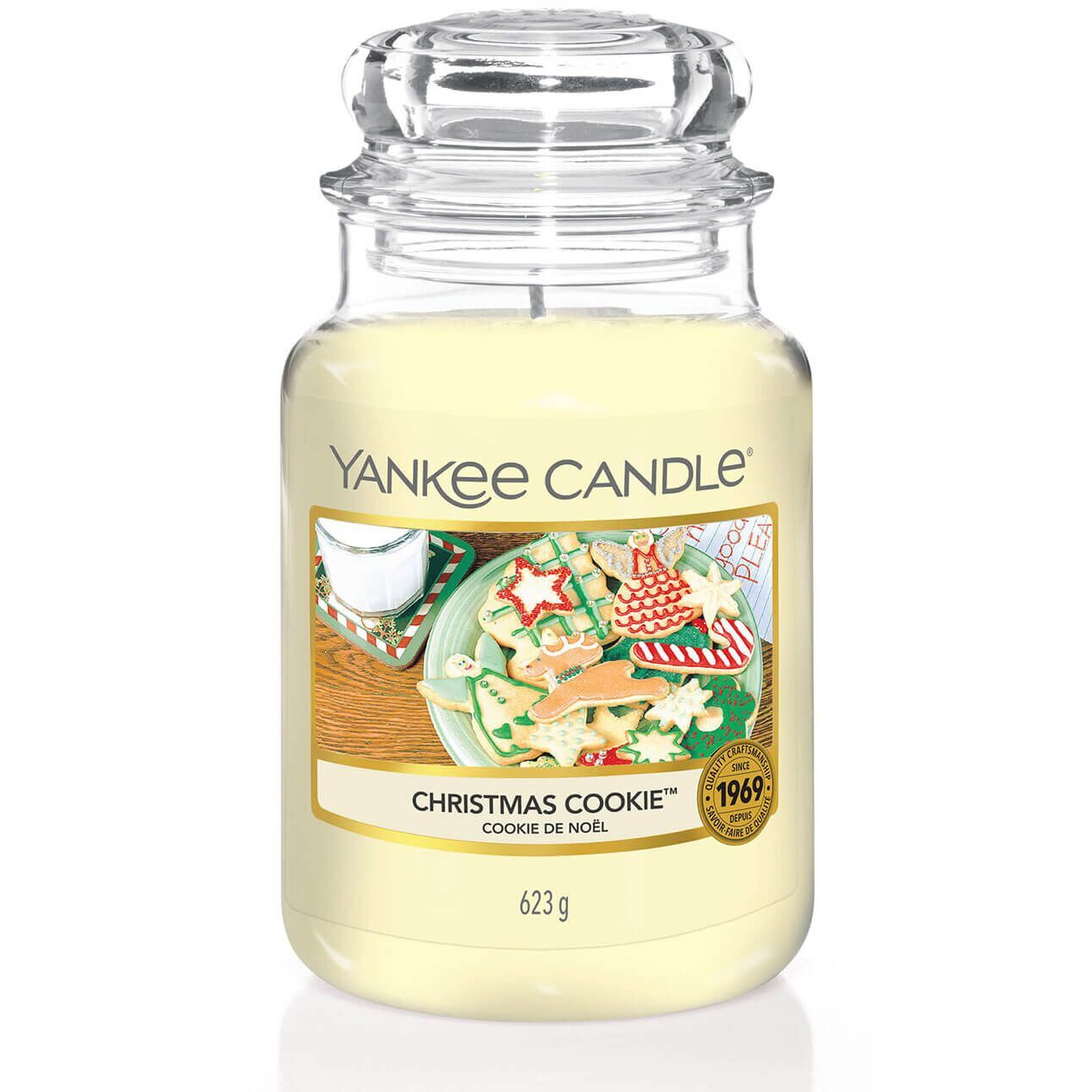 Christmas Cookie Kerze im Glas Nahaufnahme der Yankee Candle Christmas Cookie Kerze mit Etikett
