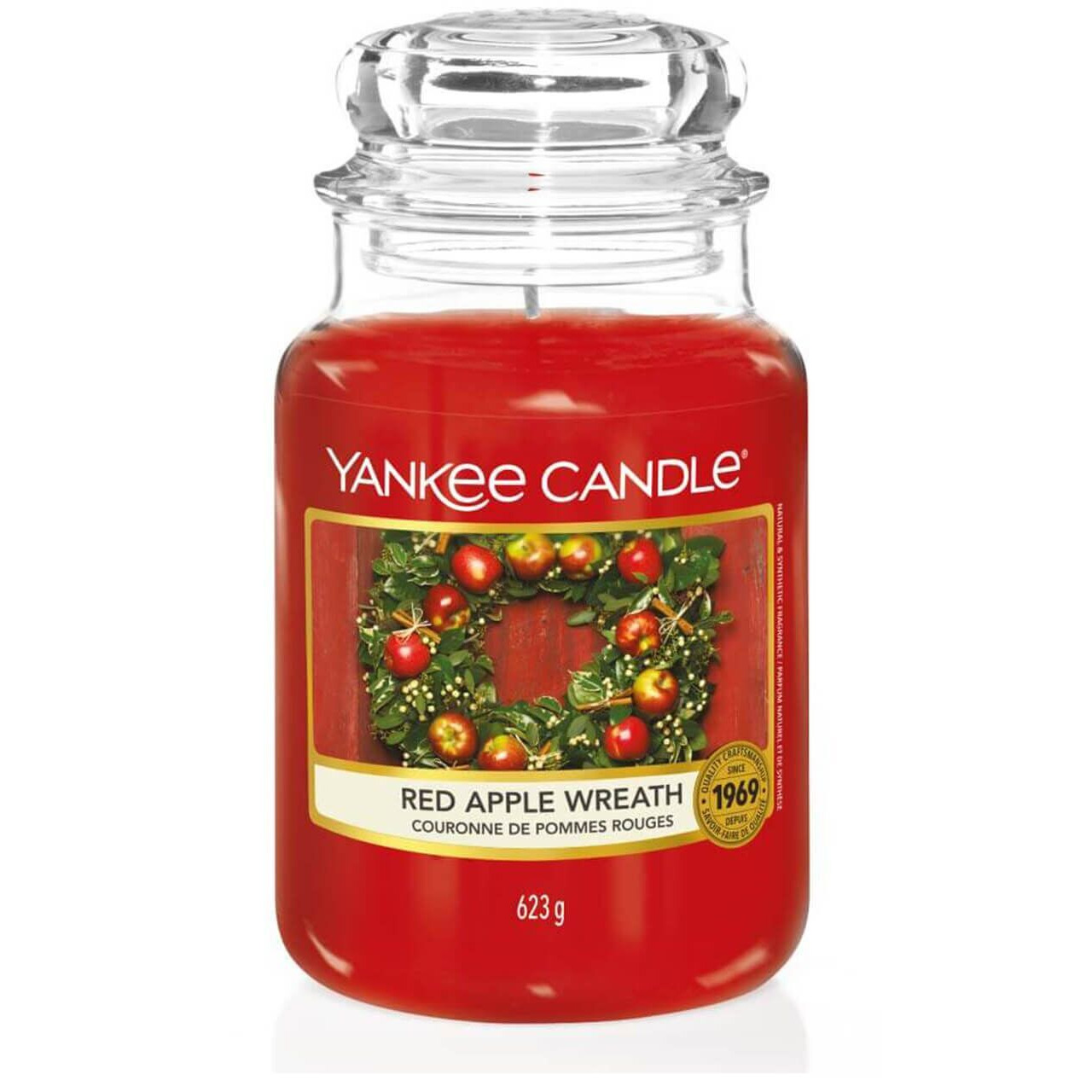 Red Apple Wreath Duftkerze Rote Yankee Candle im Glas mit transparentem Deckel und Apfelkranz-Etikett