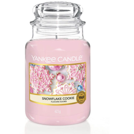 Rosa Snowflake Cookie Duftkerze im Glas mit dekorativem Etikett und Deckel