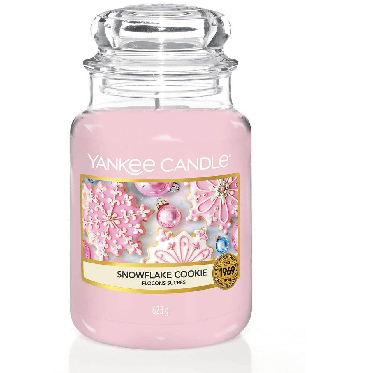 Snowflake Cookie Duftkerze 623 g Rosa Snowflake Cookie Duftkerze im Glas mit dekorativem Etikett und Deckel