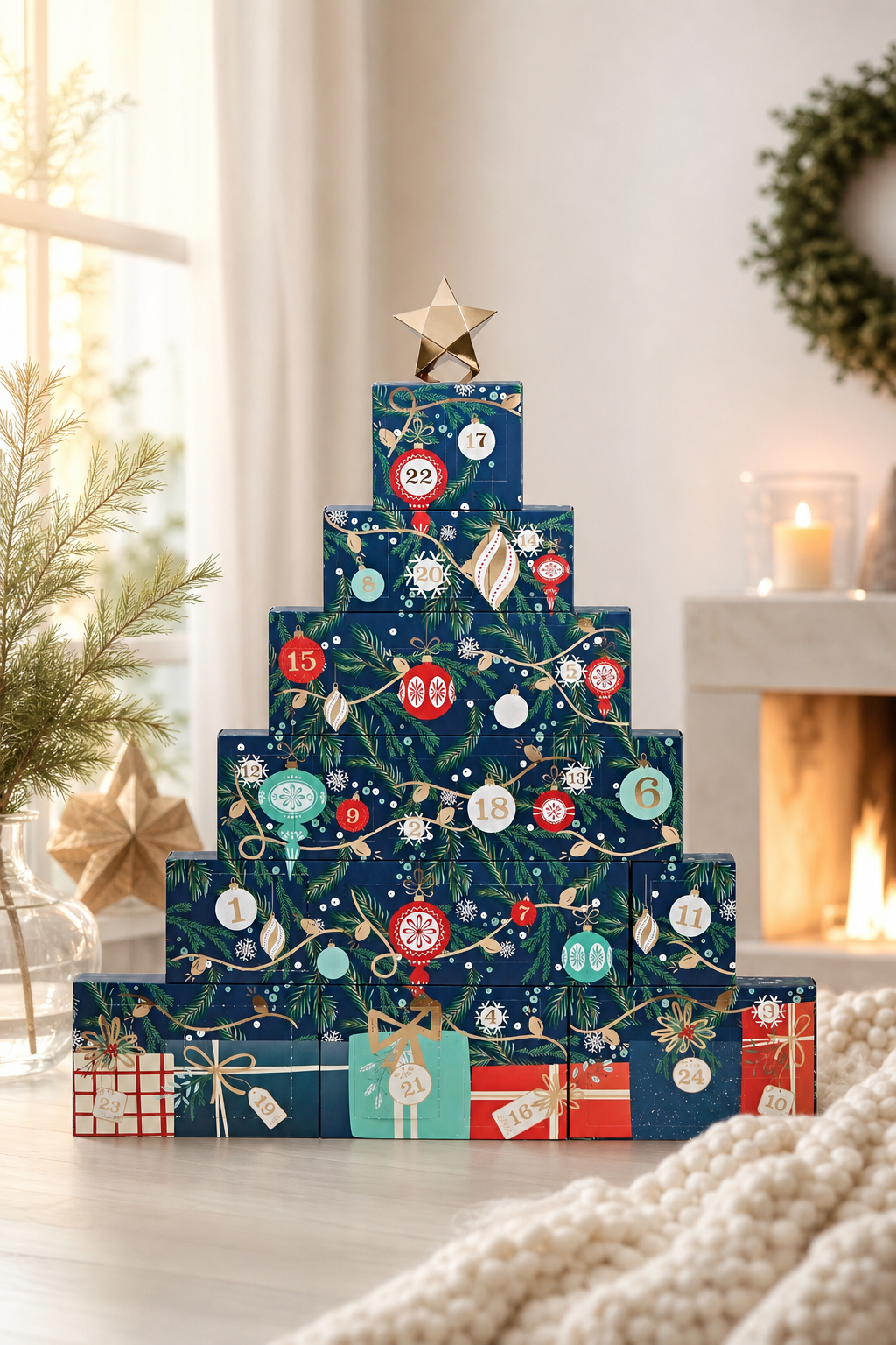 Adventskalender-Turm mit Stern in hellem Wohnraum neben Kamin