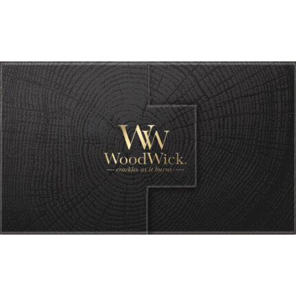 Nahaufnahme der schwarzen WoodWick Geschenkverpackung mit Holzstruktur