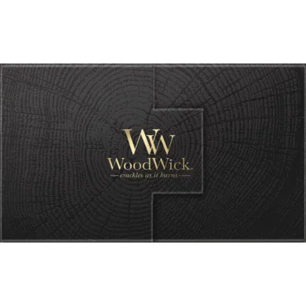 Nahaufnahme der schwarzen WoodWick Geschenkverpackung mit Holzstruktur