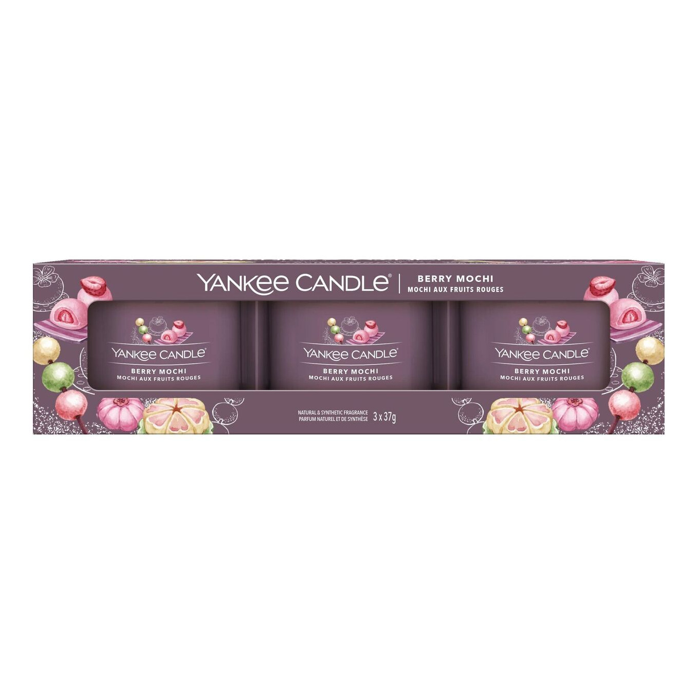 Berry Mochi 3er-Pack Vorderansicht Verpackung mit drei Yankee Candle Berry Mochi Glasvotivkerzen
