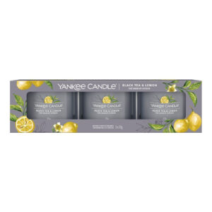 Verpackung mit drei Yankee Candle Black Tea & Lemon Glasvotivkerzen