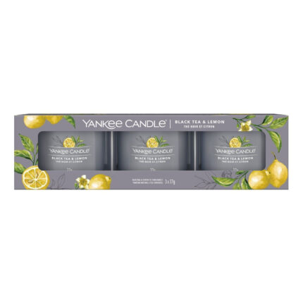 Verpackung mit drei Yankee Candle Black Tea & Lemon Glasvotivkerzen