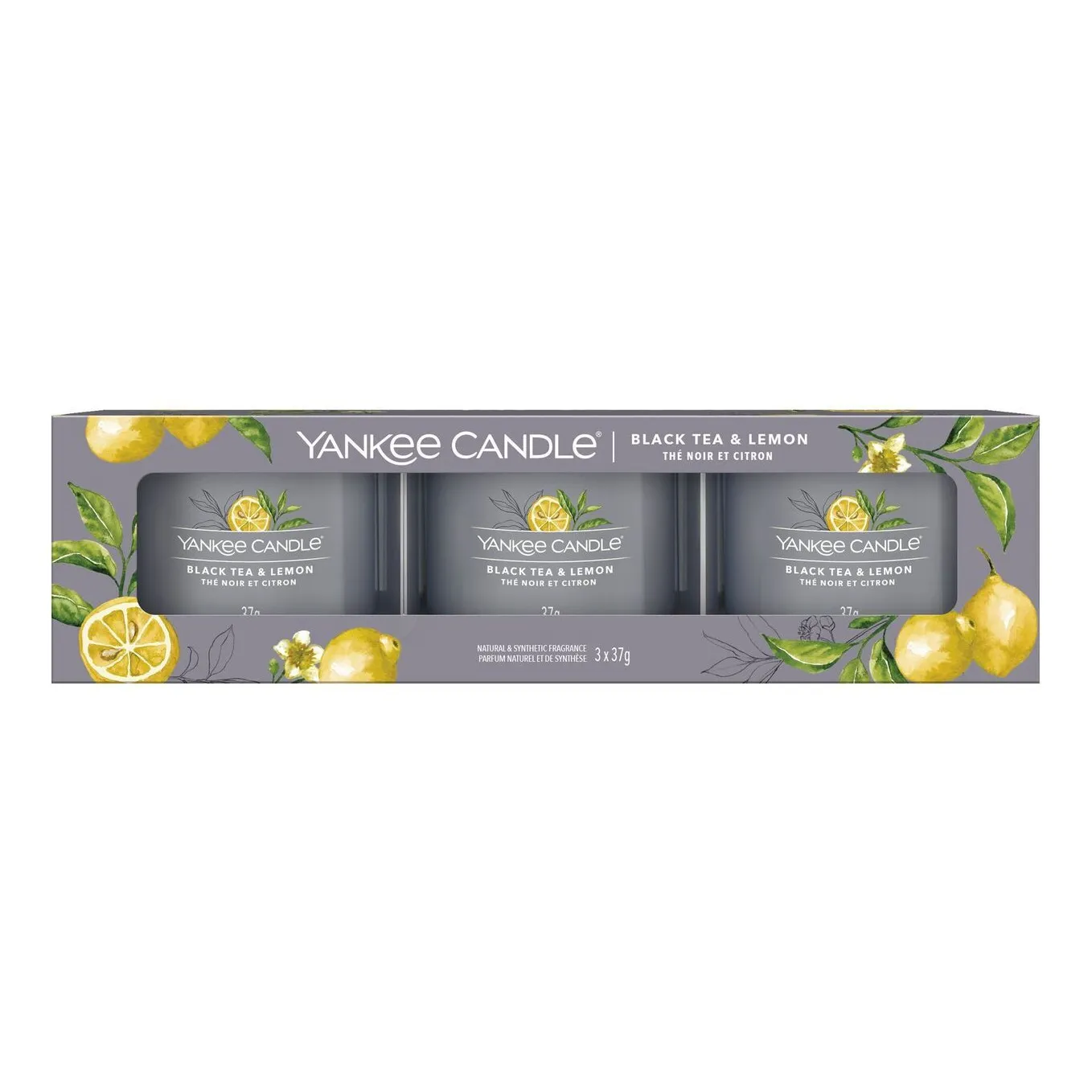 Dreierpack Glasvotivkerzen Verpackung mit drei Yankee Candle Black Tea & Lemon Glasvotivkerzen
