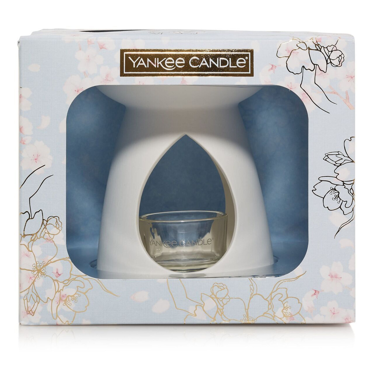Geschenkset von vorne Verpacktes Yankee Candle Geschenkset mit Wachsmelter und Glasschälchen