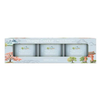 Verpackung mit drei Yankee Candle Majestic Mount Fuji Glasvotivkerzen