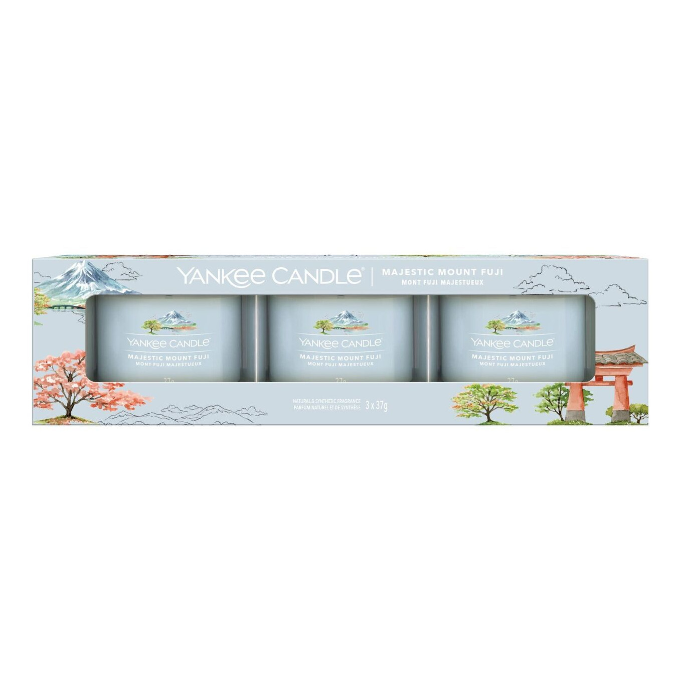 Verpackung mit drei Votivkerzen Verpackung mit drei Yankee Candle Majestic Mount Fuji Glasvotivkerzen