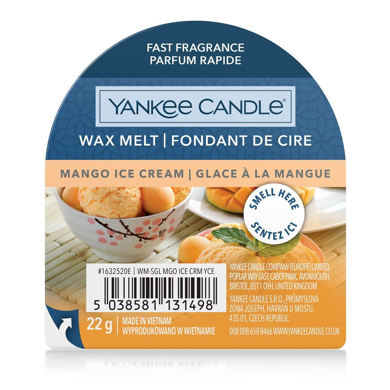 Mango Ice Cream Wax Melt Verpackung Nahaufnahme der Yankee Candle Verpackung Mango Ice Cream mit Mangoabbildungen