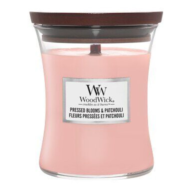 Rosa WoodWick Kerze im Glas mit sichtbarem Produktetikett