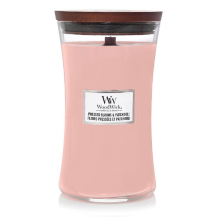 WoodWick Kerze im Glas mit rosa Wachs und sichtbarem Docht