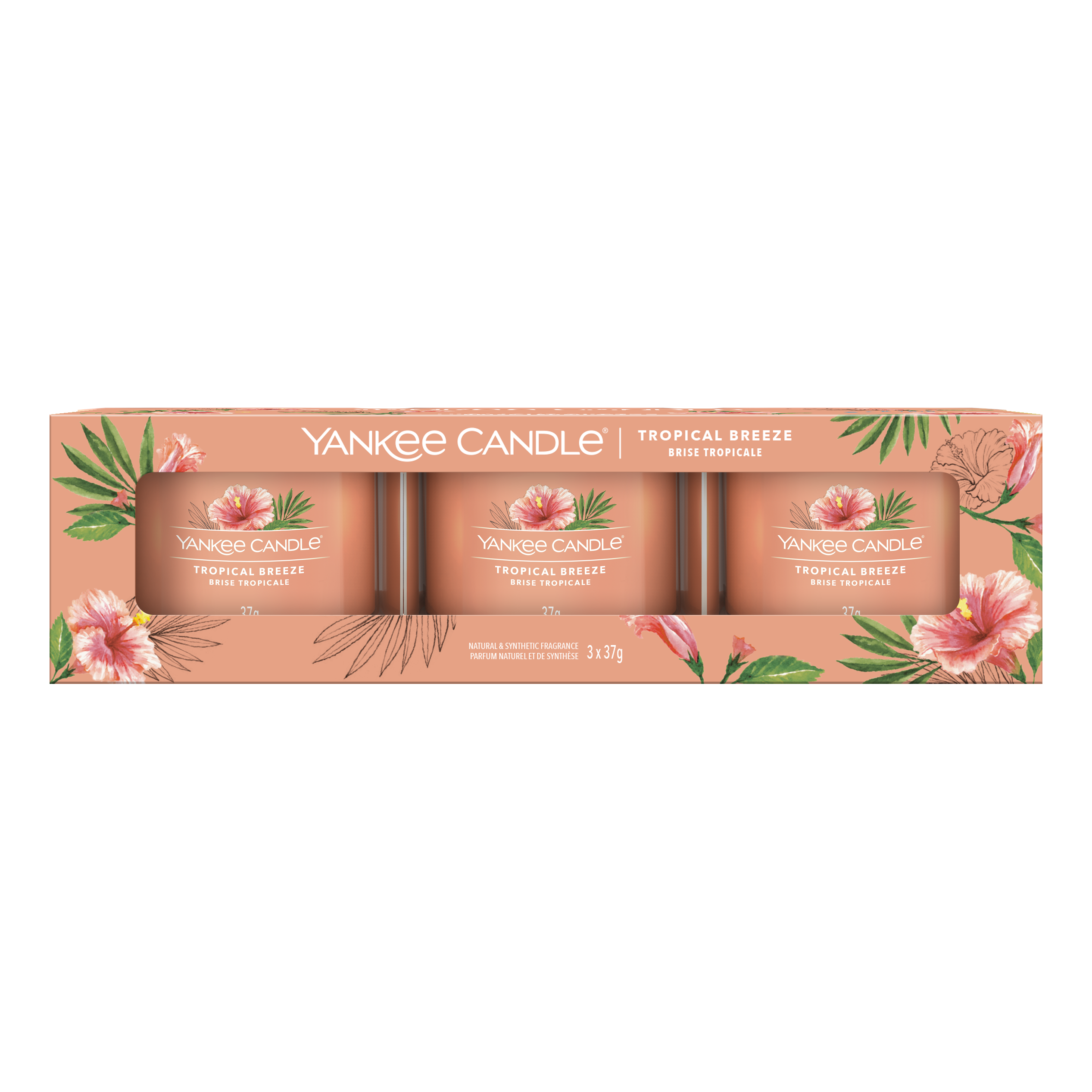 Verpackung mit drei Tropical-Breeze-Kerzen Tropical Breeze Dreierpack mit drei Yankee Candle Glasvotivkerzen