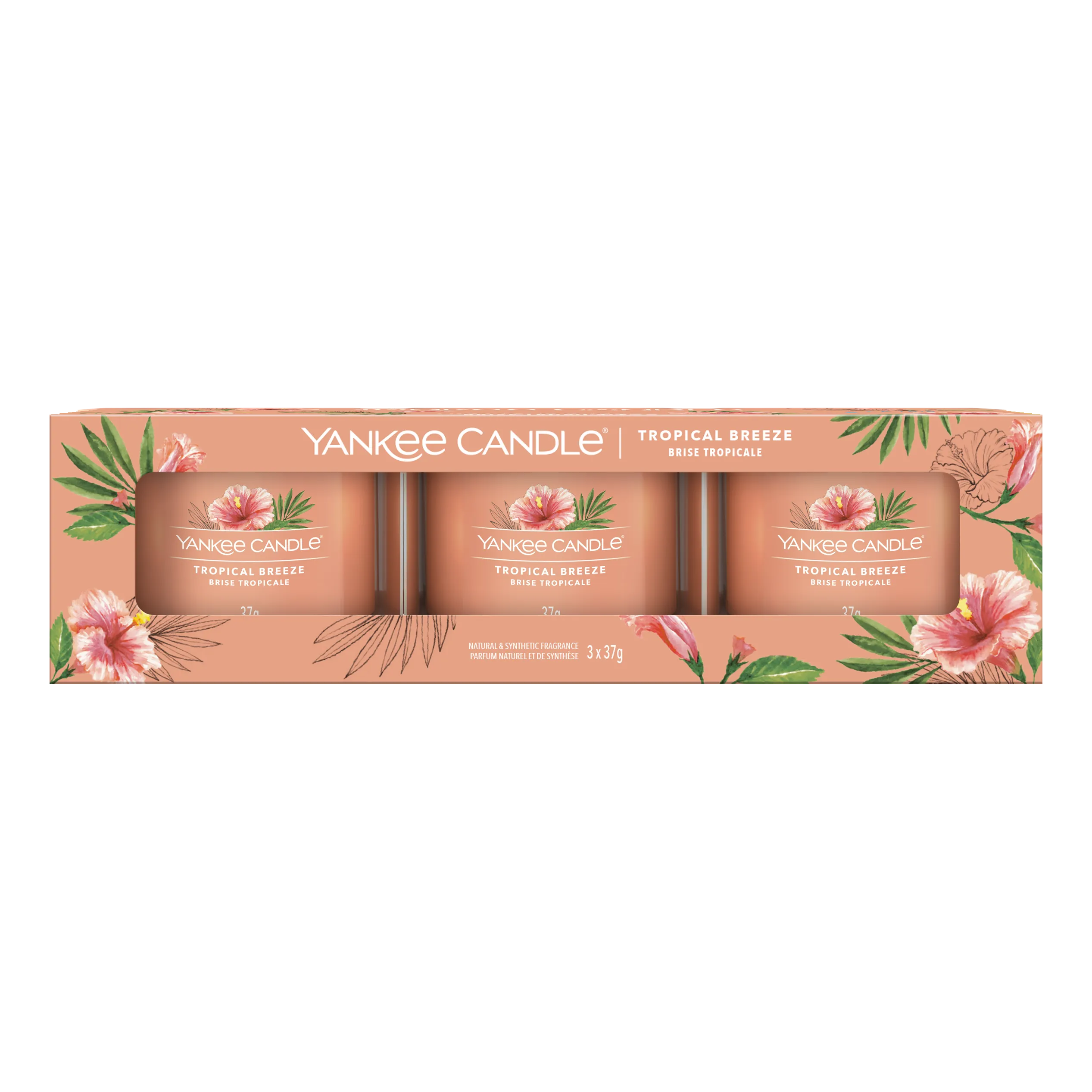 Verpackung mit drei Tropical-Breeze-Kerzen Tropical Breeze Dreierpack mit drei Yankee Candle Glasvotivkerzen