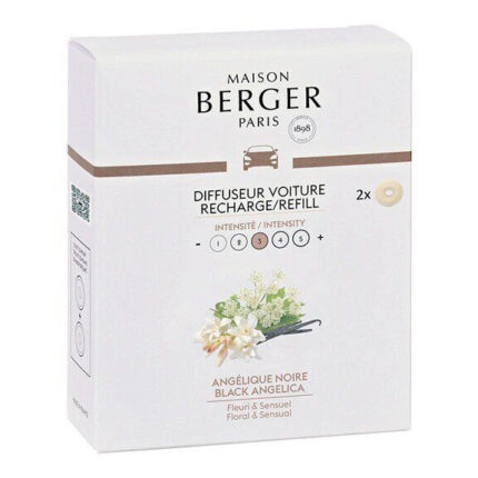 Verpackung von Maison Berger Paris Angélique Noire Autoduft-Nachfüllern, 2 Stück