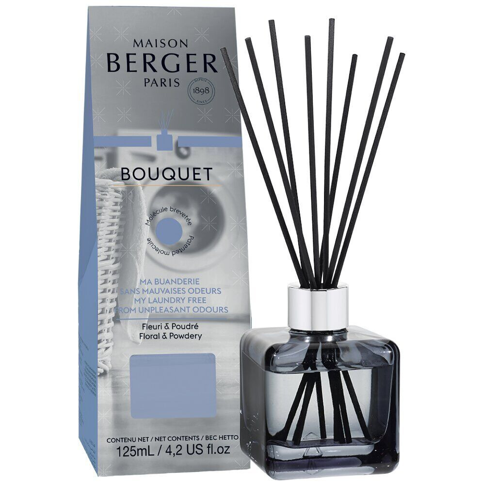 Maison Berger Bouquet Diffuser Raumduft-Diffuser mit schwarzen Stäbchen neben der Produktverpackung