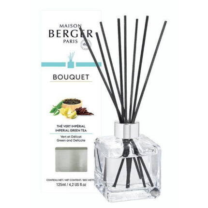 Transparenter Maison Berger Paris Raumduft-Diffuser mit Verpackung und schwarzen Duftstäbchen