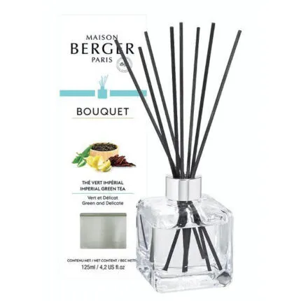 Transparenter Maison Berger Paris Raumduft-Diffuser mit Verpackung und schwarzen Duftstäbchen