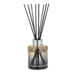 Nahaufnahme eines Diffusers mit silbernem Hals, Flüssigkeit und schwarzen Stäbchen