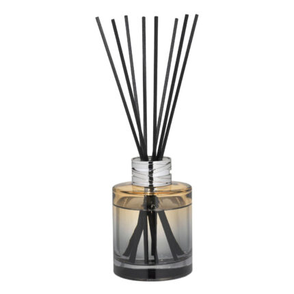 Nahaufnahme eines Diffusers mit silbernem Hals, Flüssigkeit und schwarzen Stäbchen