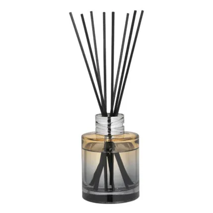 Nahaufnahme eines Diffusers mit silbernem Hals, Flüssigkeit und schwarzen Stäbchen