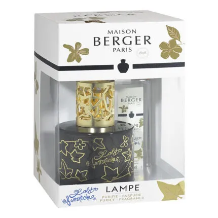Schwarze Lolita Lempicka Lampe mit goldener Krone und Nachfüllflasche