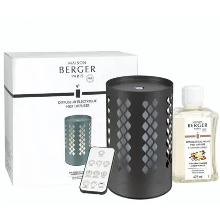 Anthrazitfarbener Aroma-Diffuser mit Nachfüllflasche, Fernbedienung und Verpackung