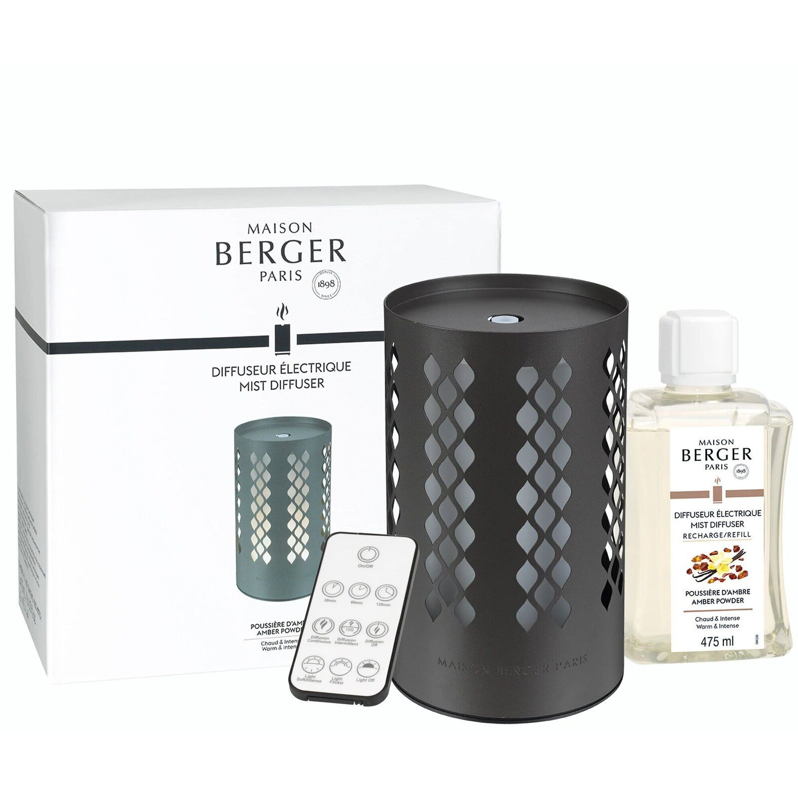 Diffuser-Set mit Fernbedienung Anthrazitfarbener Aroma-Diffuser mit Nachfüllflasche, Fernbedienung und Verpackung