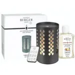 Anthrazitfarbener Aroma-Diffuser mit leuchtenden Aussparungen, Nachfüllflasche und Verpackung