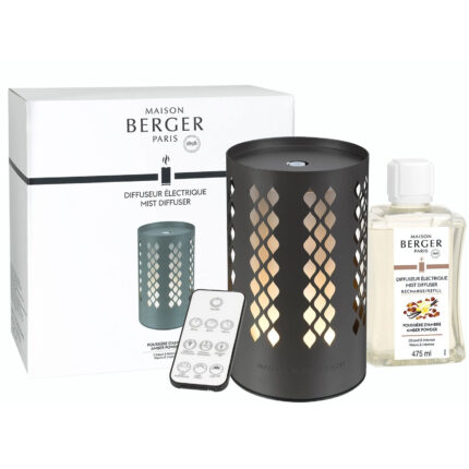 Anthrazitfarbener Aroma-Diffuser mit leuchtenden Aussparungen, Nachfüllflasche und Verpackung