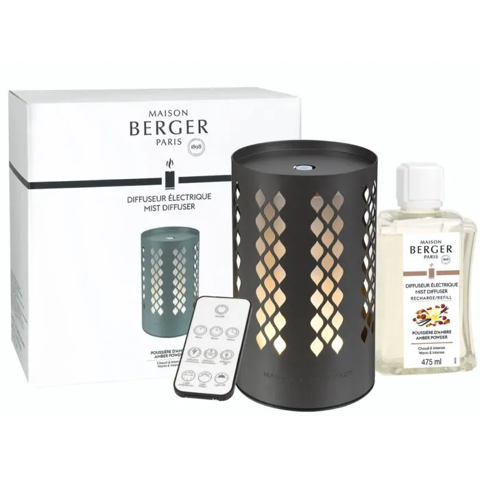 Anthrazitfarbener Aroma-Diffuser mit leuchtenden Aussparungen, Nachfüllflasche und Verpackung