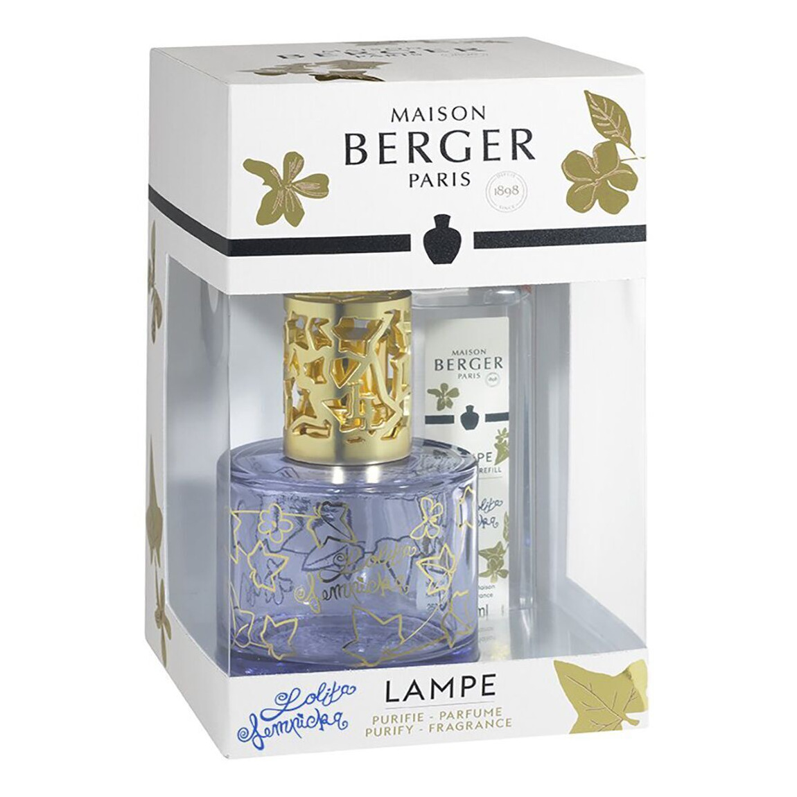 Lolita-Lempicka-Lampe mit Nachfüllflasche Maison Berger Paris Geschenkset mit lilafarbener Lampe und sichtbarer Nachfüllflasche