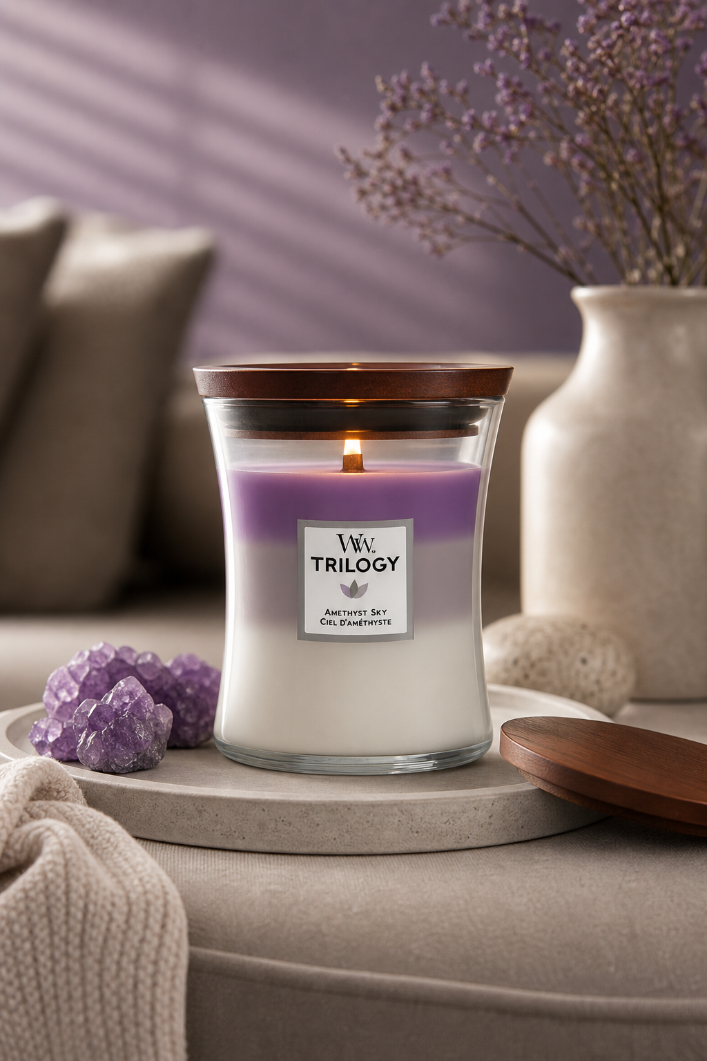 Brennende WoodWick Trilogy Amethyst Sky Kerze in Wohnumgebung
