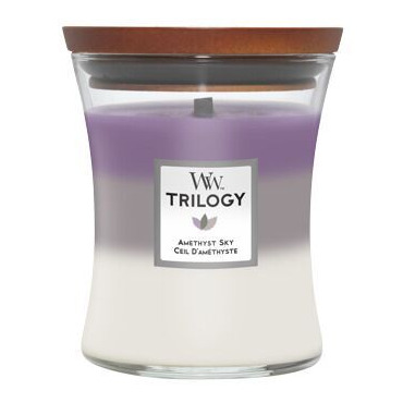 WoodWick Trilogy Amethyst Sky Kerze mit sichtbarem Docht und Holzdeckel