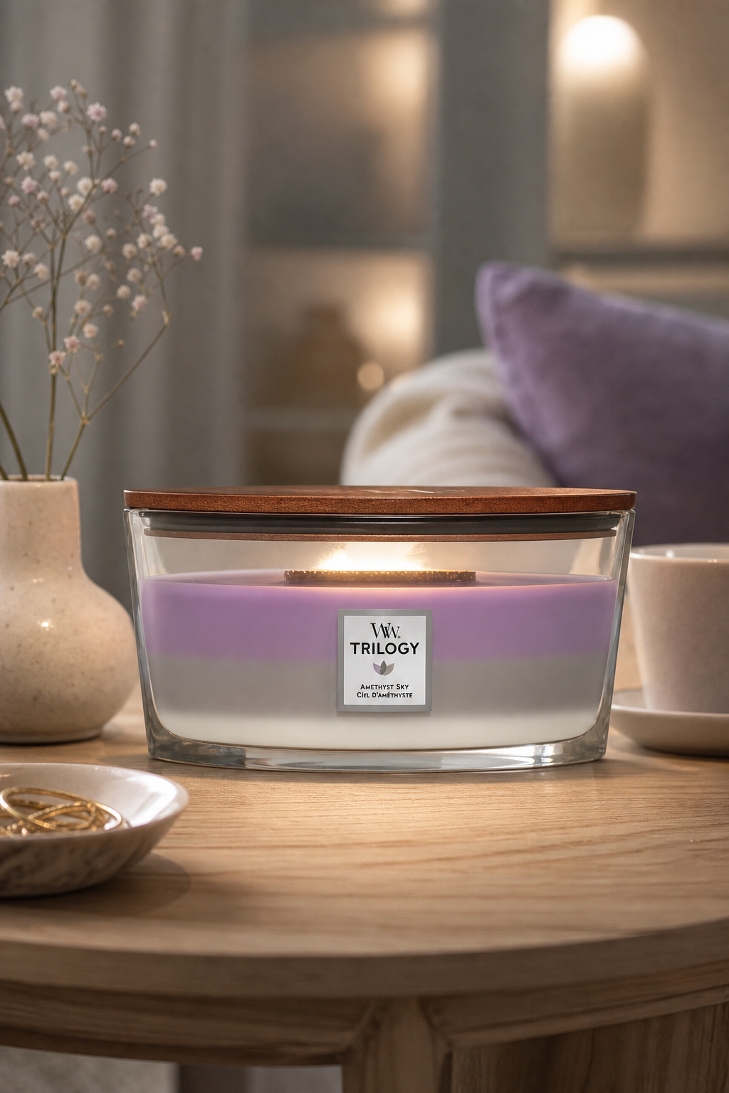 WoodWick Trilogy Kerze mit leuchtendem Docht auf einem Holztisch