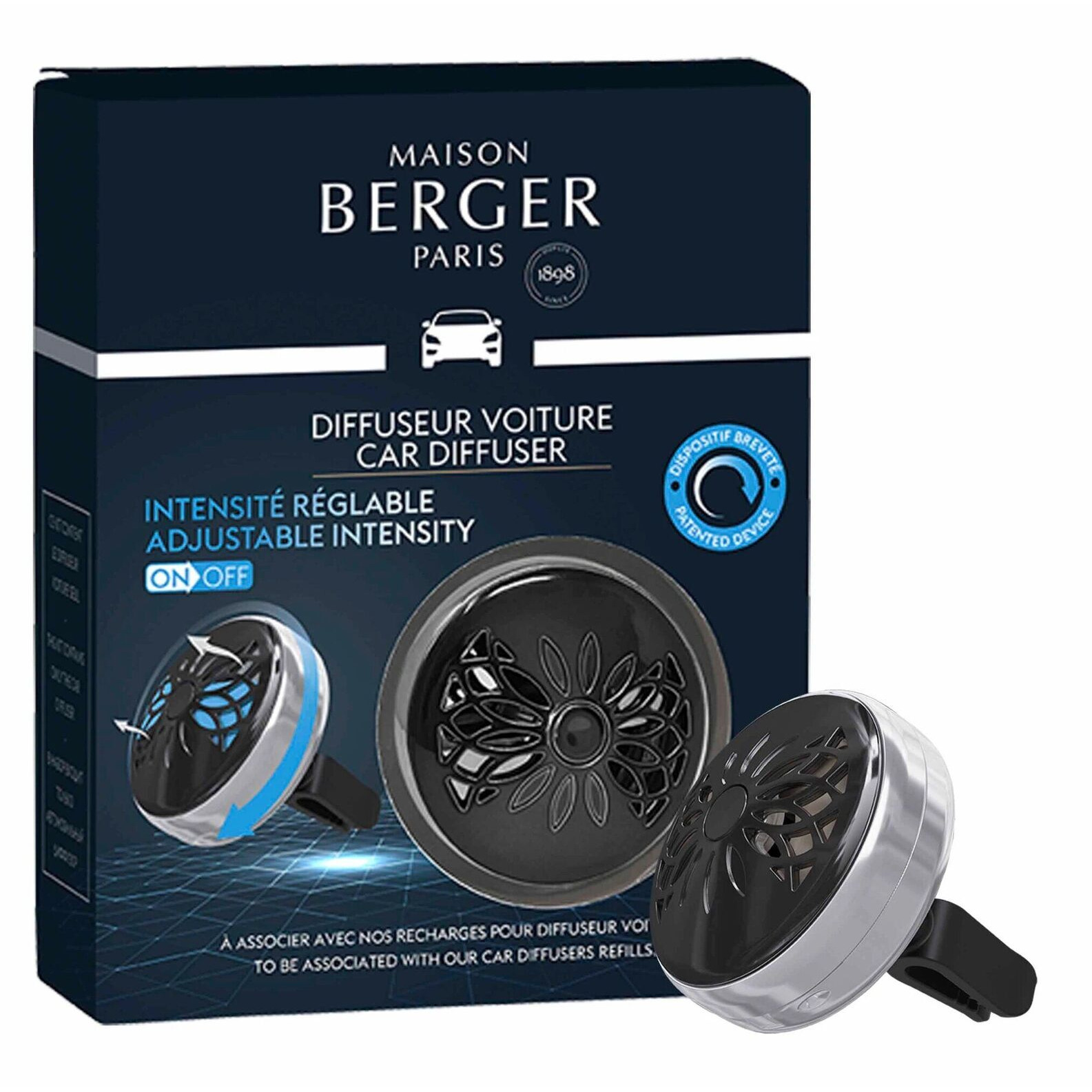 Autoduft-Diffuser mit Verpackung Maison Berger Autoduft-Diffuser vor der Produktverpackung