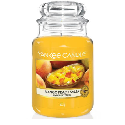 Gelbe Yankee Candle Mango Peach Salsa Kerze mit transparentem Deckel