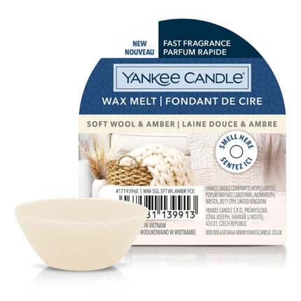 Verpackung und Wachsschale des Yankee Candle Wax Melts Soft Wool & Amber