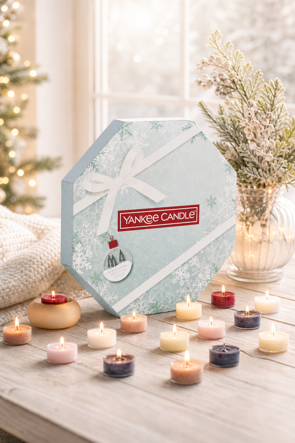 Yankee Candle Adventskalender mit angezündeten Teelichtern auf Holztisch