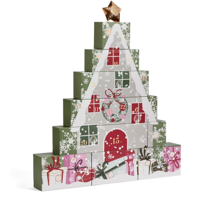 Yankee Candle Adventskalender-Turm aus seitlicher Perspektive mit nummerierten Türchen
