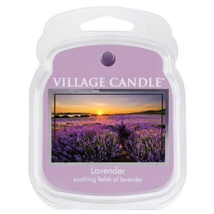 Verpacktes Lavender Duftwachs mit Lavendelfeld und beschriftetem Etikett
