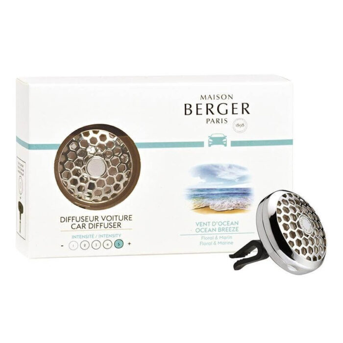 Maison Berger Autodiffusor mit schwarzer Halterung neben der Verpackung